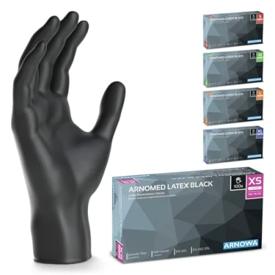 Bild av ARNOMED latex engångshandskar XS, svarta, puderfria, 500 st/ask, engångshandskar, latexhandskar finns i storlekarna S, M, L &amp; XL.