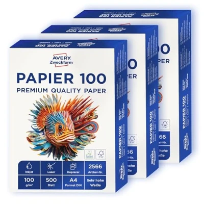 Bild av Avery Zweckform 2566 skrivar /kopieringspapper (1 500 ark, 100 g/m², DIN A4 papper, vitt, för alla skrivare) 1 låda med 3 pack