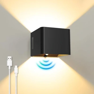 Bild av ACMHNC Svart batteridriven vägglampa med rörelsedetektor, LED för inomhusbruk, strömbrytare, 5 W, USB uppladdningsbar väggbelysning, magnetisk hallampa, sovrum, vardagsrum, trappor