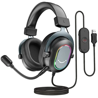 Bild av FIFINE Spelheadset med mikrofon, Over Ear hörlurar kabel, USB headset för PC PS4 PS5, RGB 3 EQ lägen, surroundljud och öronkuddar