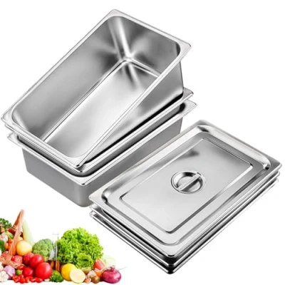 Bild av Panier set 3 delad GN kantin 1/3 rostfritt stål skålar rektangulär panieringväg med lock, gastrobehållare perfekt för paniermjöl, 32,5 x 17,5 6,5 cm