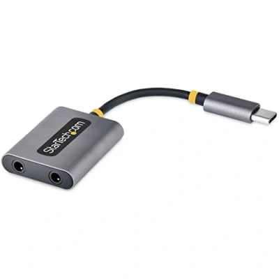 Bild av StarTech.com USB C hörlursdelare, typ dubbel headsetadapter med mikrofoningång, till 3,5 mm ljudadapter/hörlursdongel, ljuduttag/Aux utgång, 24 bitars DAC (USBC AUDIO SPLITTER)