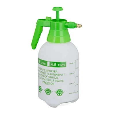 Bild av Relaxdays Tryckspruta 2 liter, justerbart mässingsmunstycke, för vatten och ogräsborttagare, sprayflaska trädgård, vit/grön