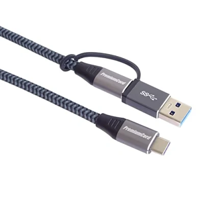 Bild av PremiumCord USB 3.2 Gen 2 typ C kabel, kontakt till kontakt, laddning upp 5A, 100 W, superSpeed 20 Gbit/s, aluminiumplugglock, bomullsnät minskning C/USB A, längd m