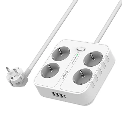 Bild av UNIDAPT 8 i 1 förlängningskabel, 4 vägs grenuttag med 3 USB och C, överspänningsskydd flera uttag, flerkontakt för strömbrytare barnsäkerhetsslutare 1,8m, vit