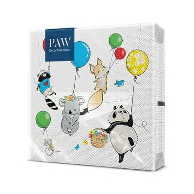 Bild av PAW servetter Papper 3 lager 33 x cm. 20 st. Tryckt med vattenbaserat bläck. Bordsdekorationer, djur, ballonger. Tillverkad för de minsta. Perfekta födelsedag.