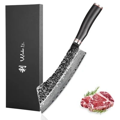 Bild av Wakoli EBO Premium blockkniv Hakata Bocho med 22,5 cm blad och hammarslag tillverkad av 67 lager äkta damaskstål svart ekträhandtag I damaskkniv kökskniv professionell kockkniv