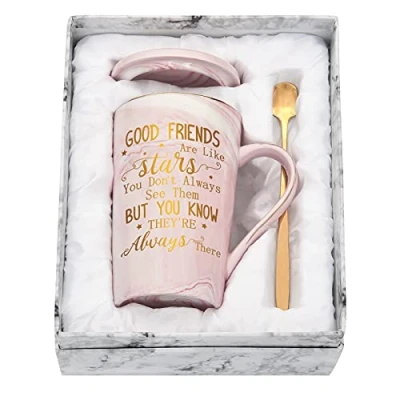 Bild av Joymaking vänskapsgåvor för kvinnor kaffemuggset med presentförpackning Good Friends are Like Stars, vängåvor flickor 414 ml rosa marmor mugg tekopp, syster gåvor till henne, flickor, vänner