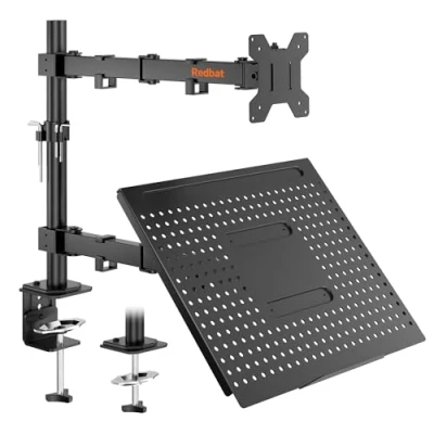 Bild av Redbat skärm och laptopstativ för 13 32 tum LCD LED skärmar, justerbart bildskärmsfäste med laptopfack upp till 16 laptop/notebook, laptop arm VESA 75/100 mm, 2 monteringsalternativ