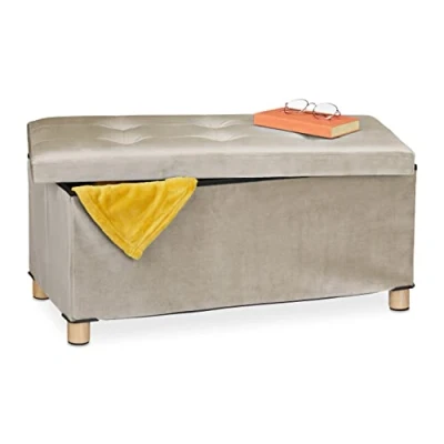 Bild av Relaxdays Sittbänk med förvaringsutrymme, klädsel, sammetsöverdrag, träfötter, upp till 120 kg, vikbar, sittkista HBT: 34 x 76 38 cm, gräddvit