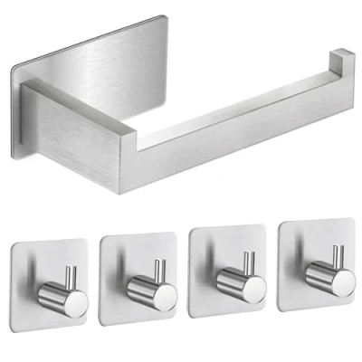 Bild av toalettpappershållare utan borrning, självhäftande rostfritt stål hållare med 4 stycken handdukskrokar för kök och badrum, silver