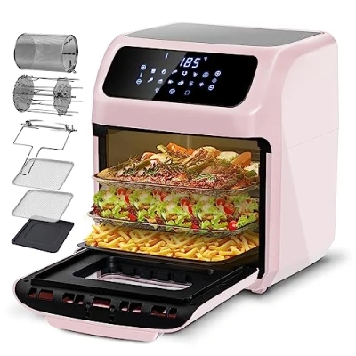 Bild av LLIVEKIT 12 L varmluftsgryta, oljefri 360 varmluftsfritös med funktioner, miniugn för hemmet 90 min timer, receptbok och 6 typer av tillbehör, 1 800 W, rosa