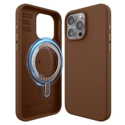 Bild av elago Magnetiskt silikonfodral kompatibelt med iPhone 15 Pro Max fodral 6,7 tum, alla MagSafe tillbehör inbyggda magneter, mjukt grepp silikon, stöttåligt (brun)