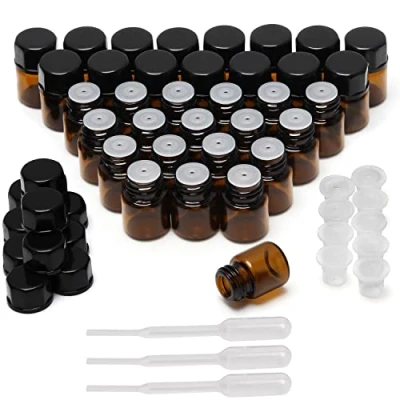 Bild av Belle Vous 50 Pack Provflaskor för Eteriska Oljor 1 ml Bärnstensfärgade Glasflaskor med Insatser Påfyllbara Flaskor Svarta Lock &amp; Pipett Oljor, Essens/Parfym, Kemikalier och Aromaterapi