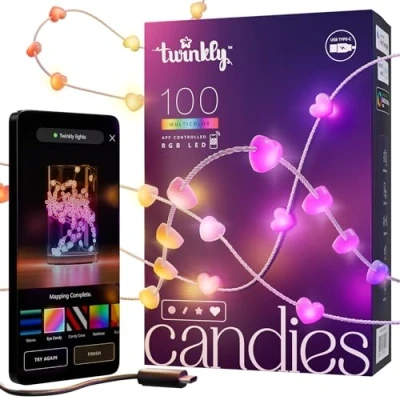 Bild av Twinkly Candies Julbelysning Appstyrd och USB C driven Juldekorationer inomhus Hjärtformad 100 RGB lysdioder (6 meter), Klar Tråd