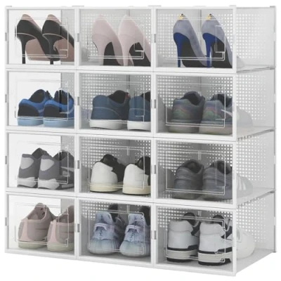 Bild av BAKAJI 12 x Stapelbara skolådor i plast med Copechi, enkel montering, transparent platsbesparande skohållare, förvaringslåda, (set st, 35 25 19 cm)