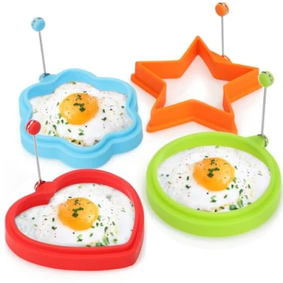 Bild av COM FOUR® 4x omelettform cirkel, blomma, stjärna och hjärta för stekt ägg pannkaka, silikonform med värmeskydd stekpanna omelettpannor (04 bitar mix färgglada)