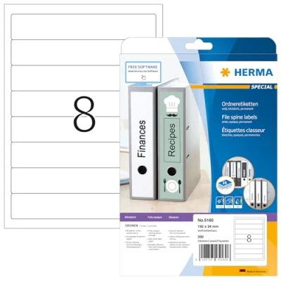 Bild av HERMA 5160 mappetiketter A4 ogenomskinlig, kort/smal (192 x 34 mm, 25 ark, papper, matt) självhäftande, utskrivbara, permanenta mappa ryggetiketter, 200 filetiketter, vit