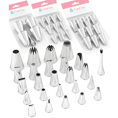 Bild av CukkiCakes set med 25 professionella spritstyllar (storlek M, L och XL) för att dekorera tårtor, cupcakes, churros, krukor munstycken kompatibla spritpåse/spritspåse Tillverkad i Korea