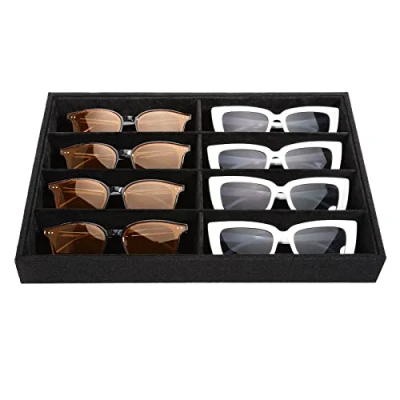 Bild av Emibele Glasses Organizer Jewelry Tray, 8 Grids Velvet Tray Watch Storage Stackable Showcase Display with Detachable Inner Dividers, Black