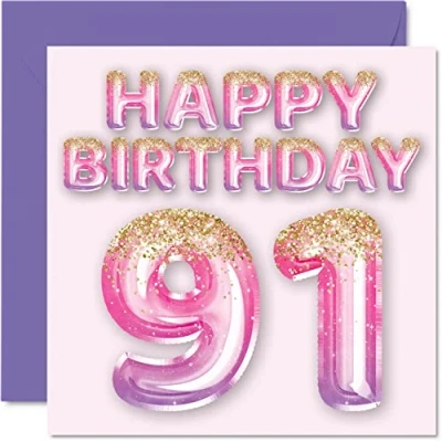 Bild av 91:a födelsedagskort för kvinnor rosa och lila glitterballonger grattis på 91 årig kvinna mamma stor barnflicka mormor farmor, 145 mm x Ninety One First Bday gratulationskort present