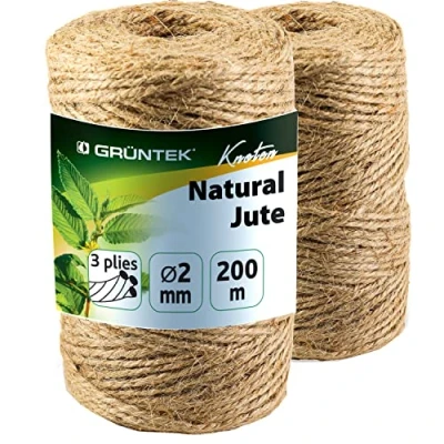 Bild av GRÜNTEK Jutesnöre 2 mm tjocklek, jutegarn trädgårdssnöre, rullar med vardera 100 m, 100% bindetråd, hobbygarn i naturlig färg, hållbar snöre för julklappar