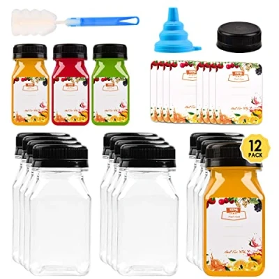Bild av 12 st 113 ml miniplast juiceflaskor med lock för juice och smoothies, återanvändbara tomma klara flaskor etikett, tratt borste, bulkbehållare minikyl, mjölk, vatten