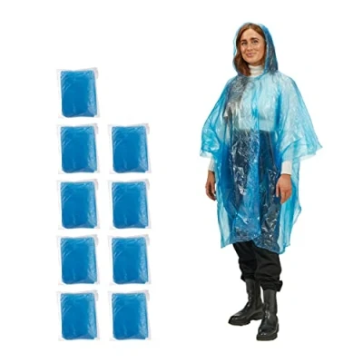 Bild av Relaxdays regnponcho engångsbruk, set om 10, engångsregncape med huva, för vuxna, nödponcho kvinnor och män, blå en storlek