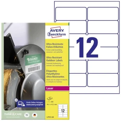 Bild av AVERY Specialform L7913 40 tåliga folieetiketter (99,1 x 42,3 mm på DIN A4, extremt starkt självhäftande, vattenfast, tryckt utomhus självhäftande folie) 480 klistermärken ark vit