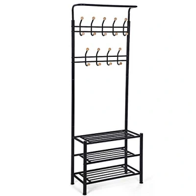 Bild av SONGMICS HSR04B Klädställ med 3 skohyllor 18 krokar, metall, svart, 68,8 x 35,2 187 cm