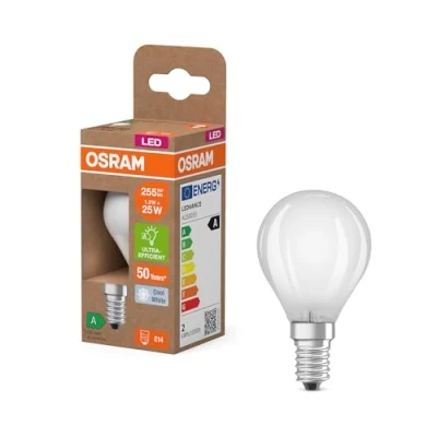 Bild av OSRAM LED lampa i klassisk miniballform, med dekorativ tråd frostad design, energieffektivitetsklass A, E14, 1,2 W, 255 lm, 4000 K, kallvit. Ingen uppvärmning, 100% ljus omedelbart.