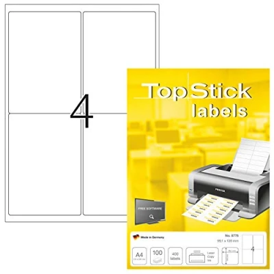 Bild av TopStick 8775 universella etiketter A4 (99,1 x 139 mm, 100 ark, papper, matt) självhäftande, utskrivbara, permanenta adressetiketter, 400 fraktetiketter, vit