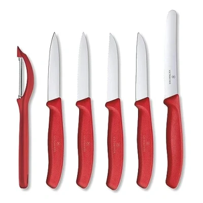 Bild av Victorinox, Swiss Classic, Profi Gemüsemesser Set, 6 teilig, 5x und 1x Sparschäler, Rostfreie Edehlstahlklinge, Robuster Kunststoffgriff, rot