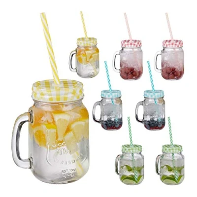 Bild av Relaxdays 48 x dricksglas med sugrör, 400 ml, H B): 13 10,5 15 cm, lockglas handtag, Ice Cold Drink glas set, färgglada