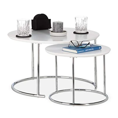 Bild av Relaxdays Runt Sidobord set med 2, Litet Matt Soffbord, Bryggbord, Trä och Metall, Kromad, Vit