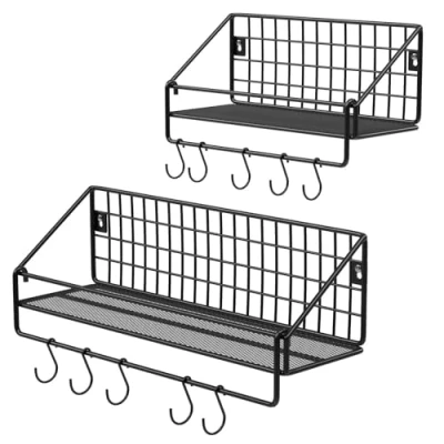 Bild av SONGMICS Vägghyllor i industriell stil 15 kg/hylla set med 2 10 krokar för sovrum, vardagsrum, kök, 30 x 12 13 cm, 40 svart LFS02BK