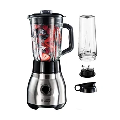 Bild av Russell Hobbs blender, 2 i 1 med to go behållare och lock, 1.5l glaskanna, hastigheter, pulsfunktion, iskross, avtagbart blad rostfritt stål 4 knivar, stål, 600W, 23821 56