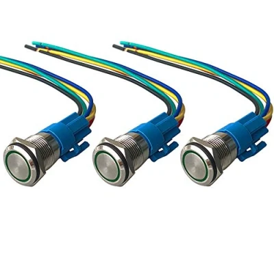 Bild av QitinDasen 3 st premium 19 mm tillfällig tryckknappsomkopplare, 12 V/24 V 5 A biltändning startbrytare, grön LED lampa IP67 vattentät metallomkopplare med uttagskontakt kabel