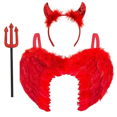 Bild av Djävulshorn/ vingar och högaffel för vuxna, 3 delar, röda änglavingar med paljetter, vuxna barn tillbehör Halloween karneval