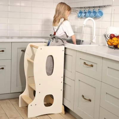 Bild av Montessori höjdjusterbar barnstol av trä från 1 år säkert stående och inlärningstorn för kök, lek inlärning (Ivory)