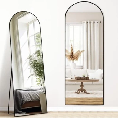 Bild av Melodieux båge helkroppsspegel 161 x 52 cm full längd stor fristående spegel svart aluminiumram omklädningsspegel väggmonterad för vardagsrum sovrum