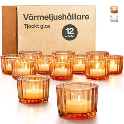 Bild av Värmeljushållare i Glas för Bordsdekoration Set med 12 runda värmeljusglas Robusta ljushållare heminredning &amp; bröllop (Guld)