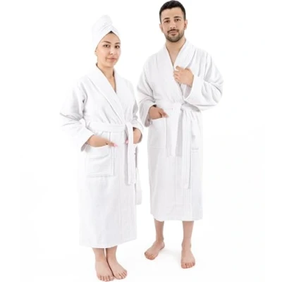 Bild av Hammetex Badrock 100 % bomull unisex för kvinnor och män, högkvalitativ 400 g/m² kvalitet, mjuk, absorberande, frottébadrock par med fickor, Vit, XL XXL