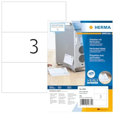 Bild av HERMA 4664 etiketter med perforering A4 (210 x 99 mm, 100 ark, papper, matt) självhäftande, utskrivbara, permanenta limslinga på baksidan, 300 klistermärken, vit