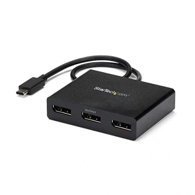 Bild av StarTech.com 3 port USB C multibildskärmsadapter, till x DisplayPort 1.2 MST hub, trippel 1080p 30 Hz DP Laptop Display Extender/Splitter, extra lång integ. Kabel endast Windows (MSTCDP123DP)