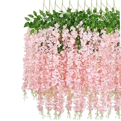 Bild av 12 st konstgjord blåregn blommor girlang, 9,5 m silke falska hängande vinstockar för inomhus utomhus hem trädgård jul bröllop fest dekoration (rosa)