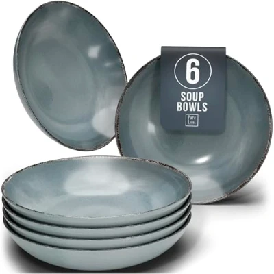 Bild av Sopptallrikar set med 6 stycken Rustic premium lergods, diskmaskinssäkra snygga, djupa tallrikar i för personer, sallads och pastatallrikar Pure Living porslin, rustik porslinsset