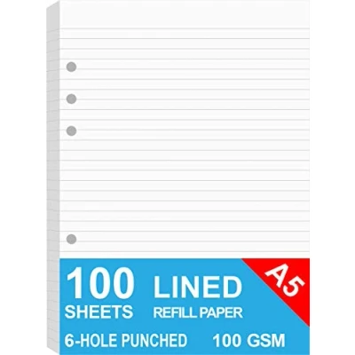 Bild av A5 linjerat påfyllningspapper för Filofax planerare/pärmar, organisatör, 6 hålstansat lösa bladpapper, 100 ark/200 sidor, gsm, vit, 148 x 210 mm