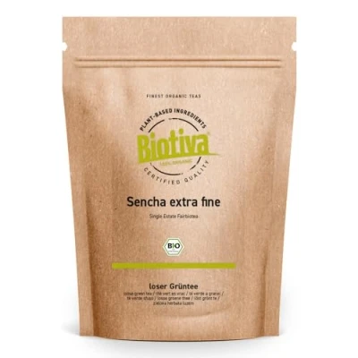 Bild av Biotiva Sencha grönt te organisk 1000g Top 1kg peak pris Mild, något gräsbevuxen, denna off torr och blommig Fairbiotea certifikat flaska kontrolleras i Tyskland (DE ECO 005)