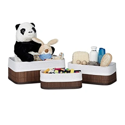 Bild av Relaxdays Förvaringskorg set om 3, tygskydd, bambu, rektangulär, badrum, tillbehör, leksaker, universalkorg, brun, 20 x 30 13 cm